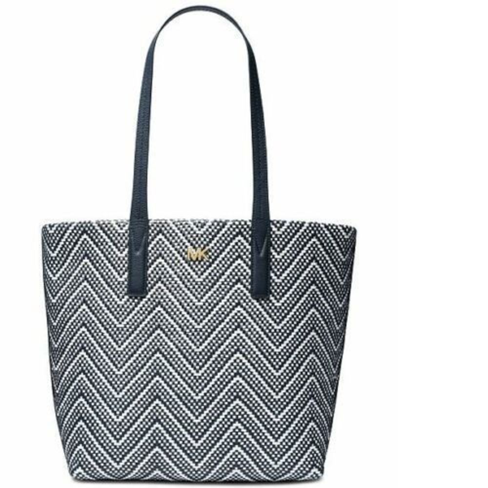 Michael Kors MK Junie Chevron Leather Tote Navy Blue White Handbag Bag Purse NEW